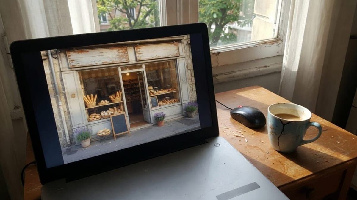 Portatile vicino a una finestra illuminata dal sole, con la foto di una panetteria sullo schermo, un mouse e una tazza accanto.