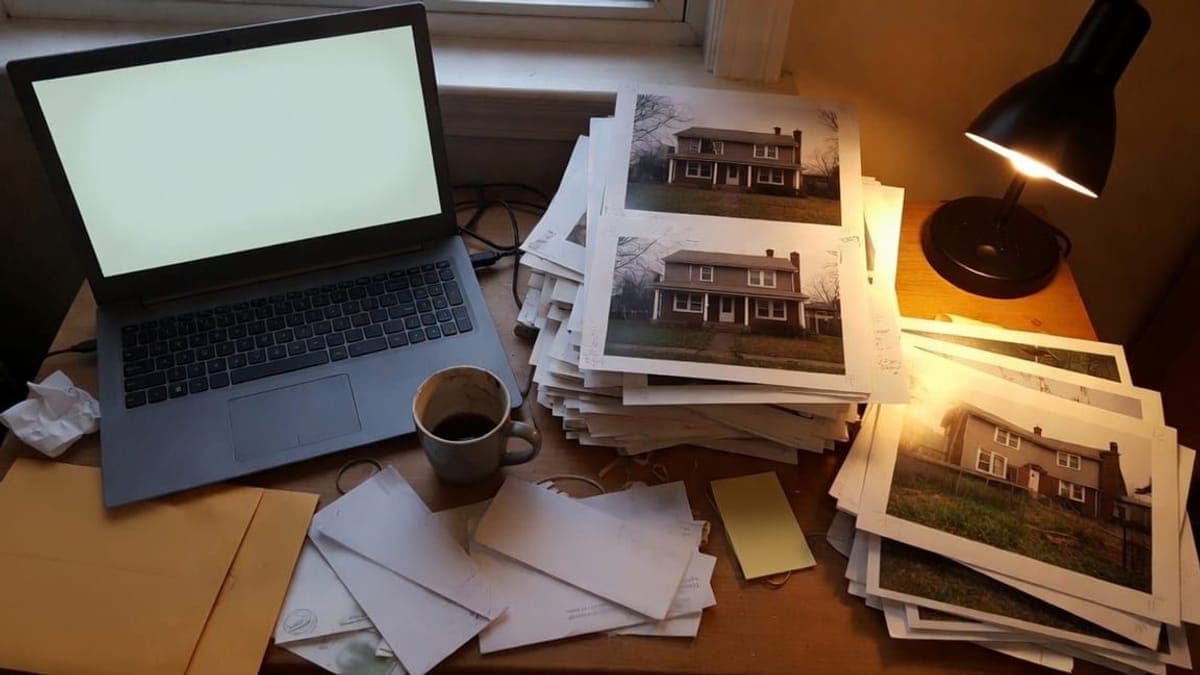 Pile di foto stampate di case accanto a un portatile, alcune buste e una lampada accesa.