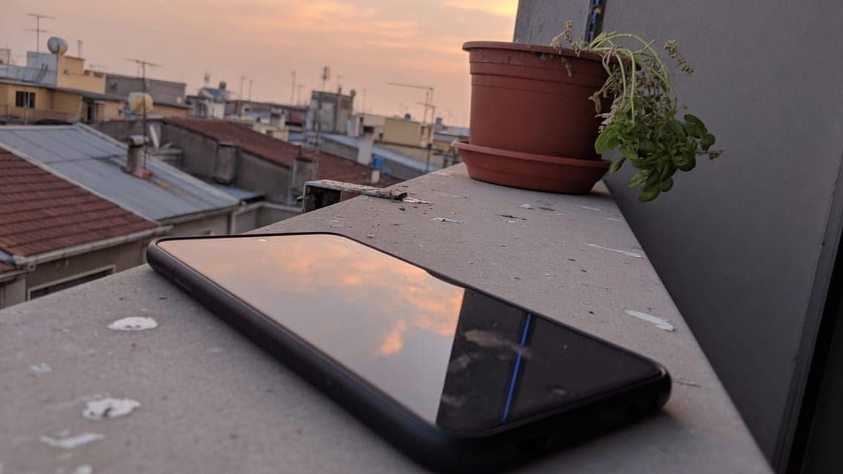 Telefono appoggiato su un parapetto di cemento, con basilico in vaso e tetti della città al tramonto.