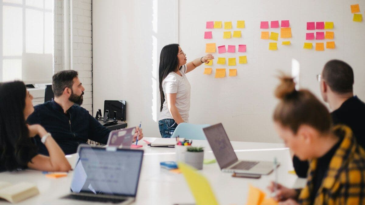 Gruppo di lavoro intorno a un tavolo bianco, con portatili aperti e note adesive sulla parete.