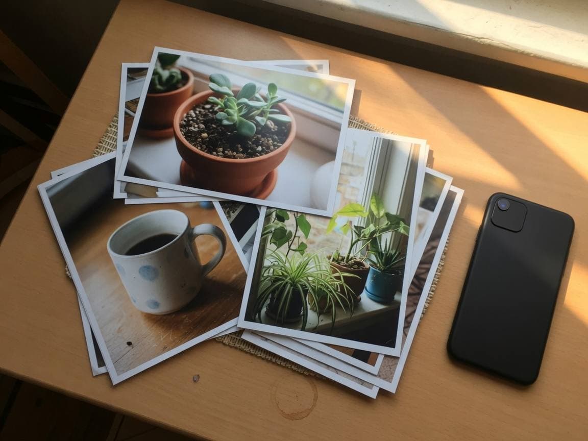 Printed photos of plants spread across a table by a window, with a phone and a mug at one edge.