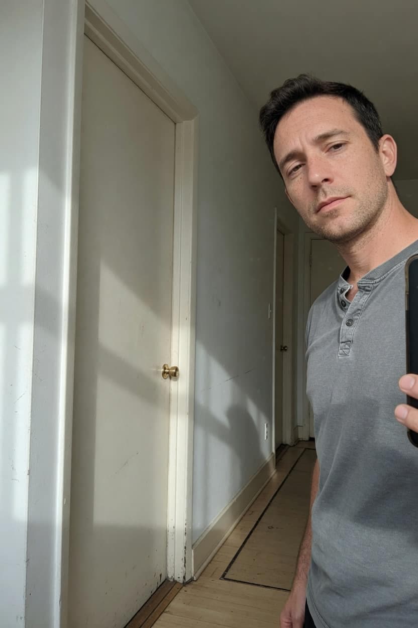 Selfie no corredor com a porta ao lado, e o mesmo rosto ocupando o quadro.