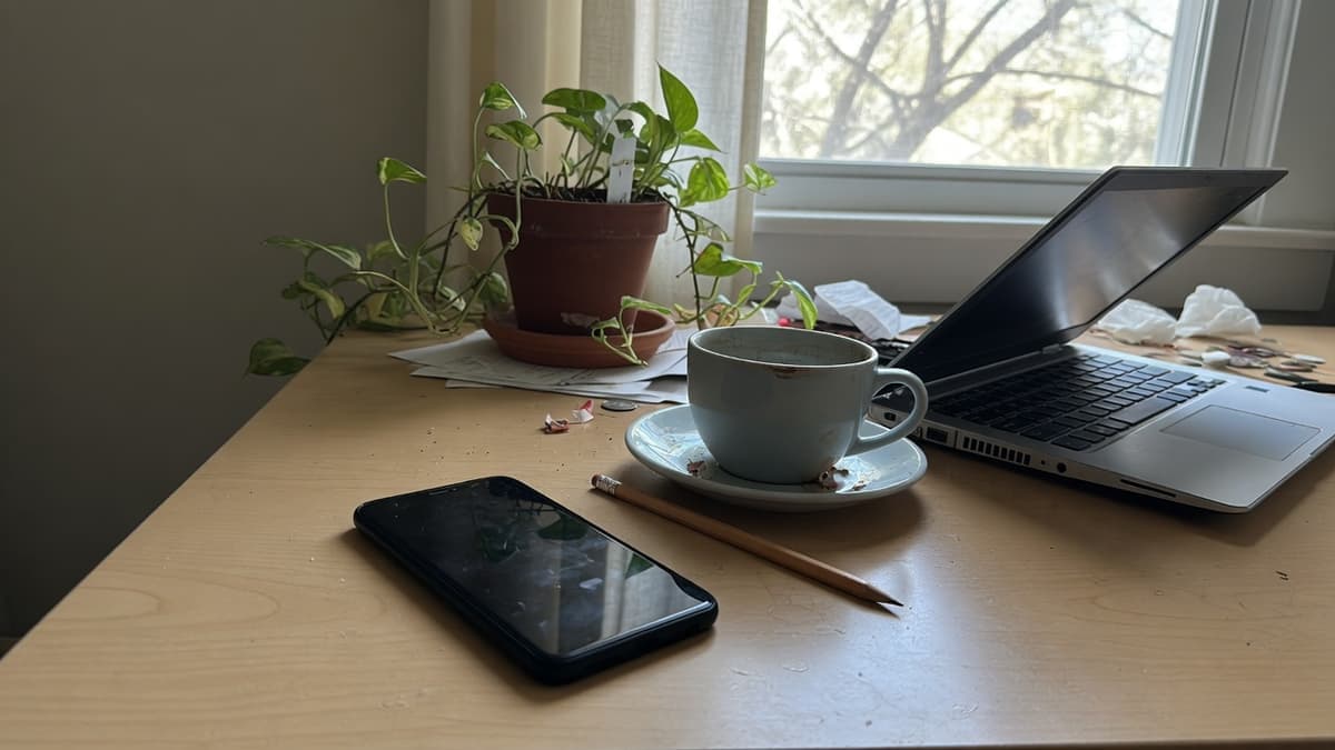 Telefono nero su una scrivania di legno accanto a un portatile aperto e a una tazza.