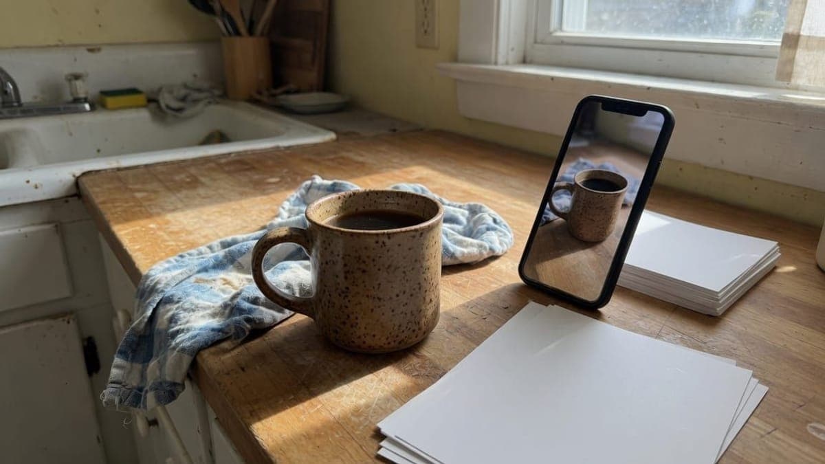 Tazza di caffè in gres puntinato su un piano di legno, con un telefono che mostra la stessa foto.