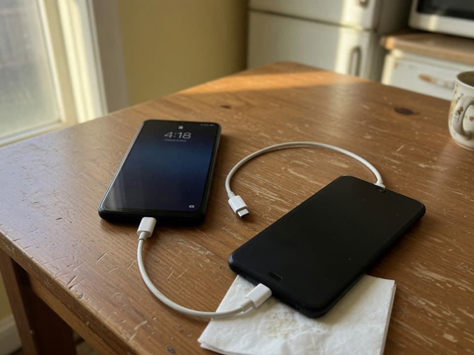 Two phones on a table with a USB-C cable. One screen is on, the other is face down.